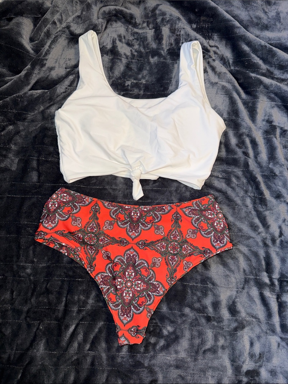 Never worn  White Knot Front Bikini Top red/irange Patterned High-Waist Bottom